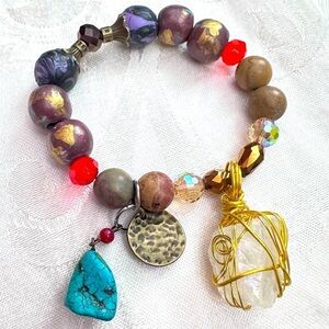 Bracelet Hand crafted Collage Wire Wrapped Charm Hand Painted Beads OOAK 4350 P